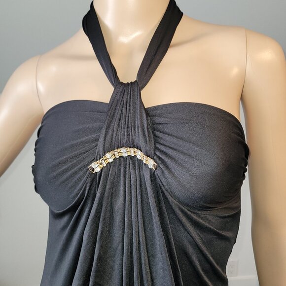 Sexy Women Black Dressy Blouse Stretch Tunic with Gold Rhinestone Accent Small - Picture 4 of 5